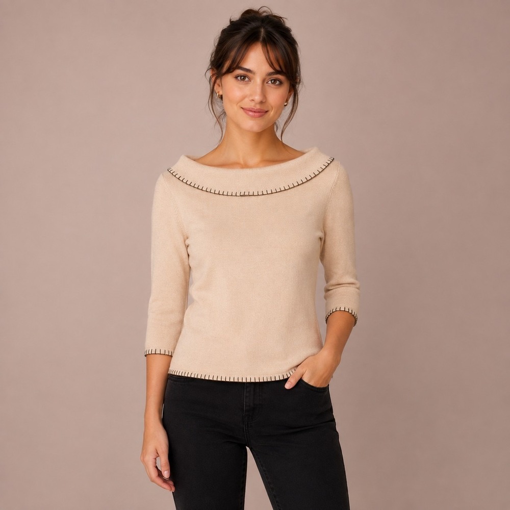 Rafaella Petites Bateau Neck Sweater Women's Small Contrast Stitch Vanilla Girl